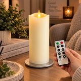 Cello Living Flame 21cm LED pillar candle being controlled with the included remote