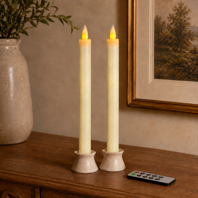 Cello Living Flame LED taper candle set with two rechargeable flameless candles, charging base and remote