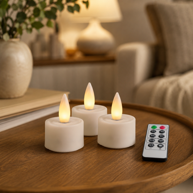 Cello Living Flame LED tealight candle set of 3 with realistic moving flames and remote control