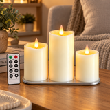 Cello Living Flame set of 3 LED pillar candles on charging base with remote control in a cosy home