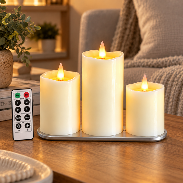 Cello Living Flame set of 3 LED pillar candles on charging base with remote control in a cosy home