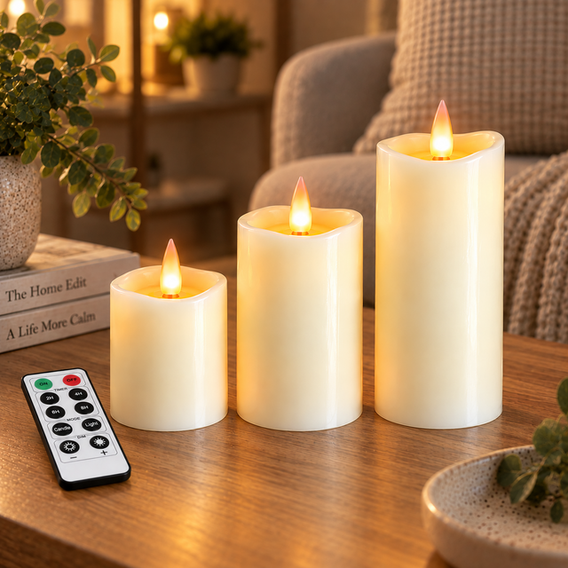 Cello Living Flame set of 3 rechargeable LED pillar candles creating a warm glow in a cosy home