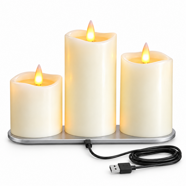 Cello Living Flame set of 3 rechargeable LED pillar candles with USB charging base and cable