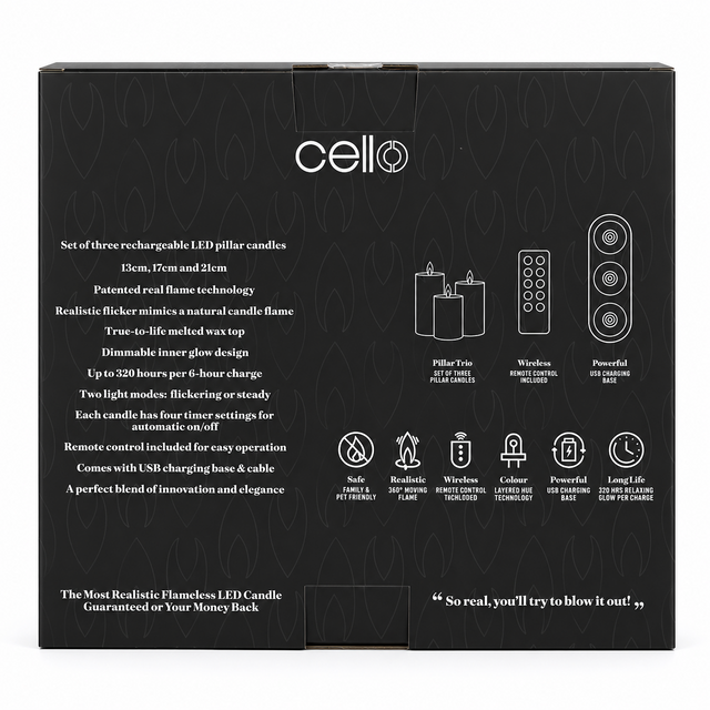 Cello Living Flame set of 3 rechargeable LED pillar candles retail packaging back with product features