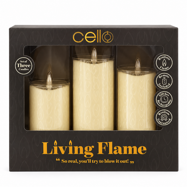 Cello Living Flame set of 3 rechargeable LED pillar candles retail packaging front