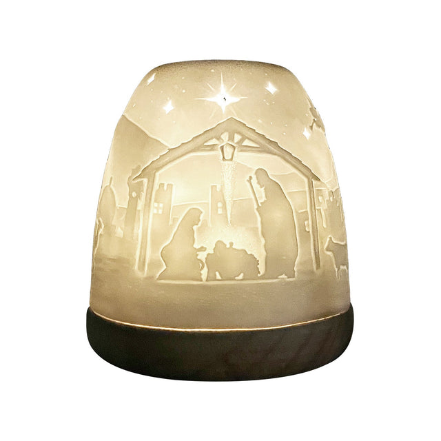 Glowing Nativity Scene tealight dome showing full lithophane detail