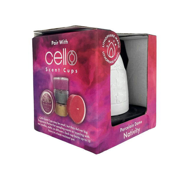 Angled view of Cello Nativity tealight dome packaged in gift box