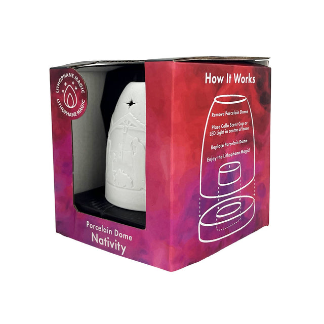 Side view of boxed Cello Nativity Tall Tealight Dome