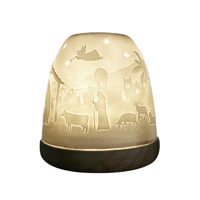 Front view of Cello Nativity porcelain tealight dome illuminated
