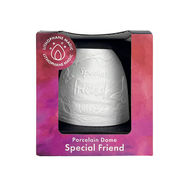 Angled view of Cello Special Friend tealight dome packaged in gift box.