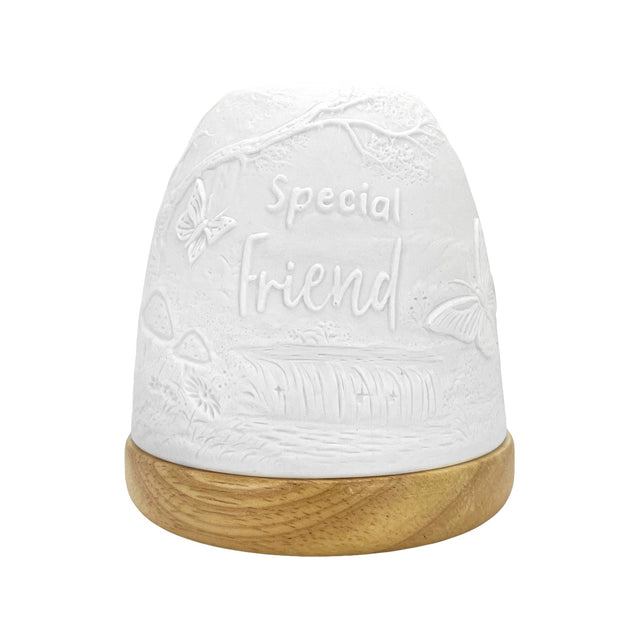Cello Special Friend tall tealight dome in decorative gift box front view.