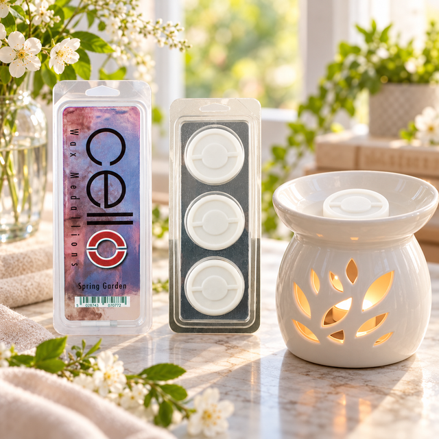 Cello Spring Garden white wax medallions beside a ceramic wax melt burner