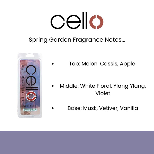 Fragrance notes for Cello Spring Garden floral wax melts