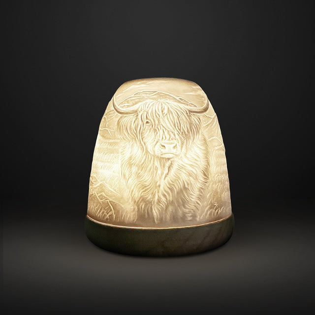 Cello tall tealight dome Highland Cow glowing lithophane design front view