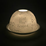 Cello Tealight Dome Best Best Friend glowing lithophane design shown illuminated from the front.