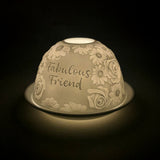 Cello Fabulous Friend porcelain tealight dome glowing with floral lithophane design.