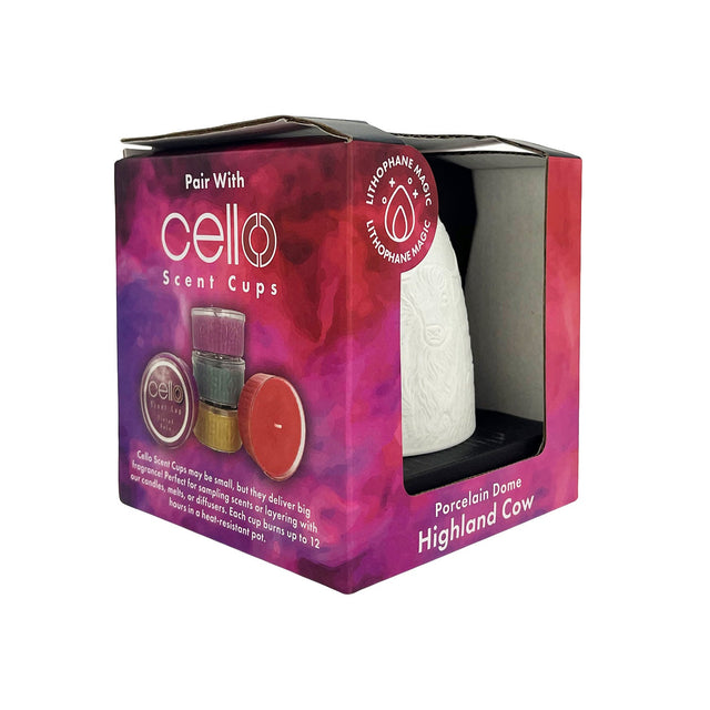 Cello Highland Cow porcelain tealight dome packaging shown at an angle