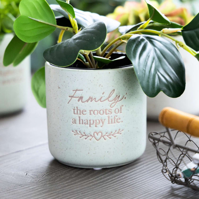 Ceramic plant pot indoor with family message by Splosh