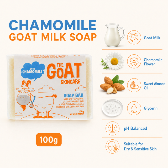 Chamomile goat milk soap bar with sweet almond oil, glycerin and pH-balanced formula