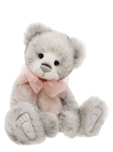 Charlie Bear Belinda plush bear with soft grey fur and pink bow