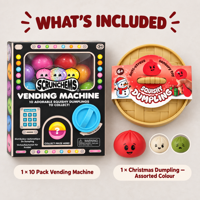 Christmas Dumpling Gift Bundle contents with 10-pack vending machine and one assorted dumpling