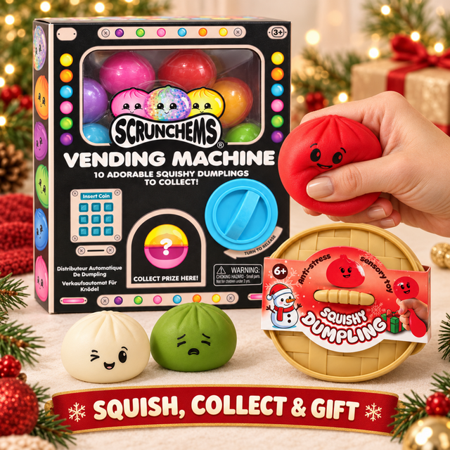 Red Christmas dumpling sensory squishy with Scrunchems vending machine gift set