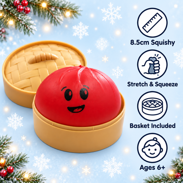 Christmas Dumpling squishy toy features – 8.5cm, stretchable, squeezable and basket included