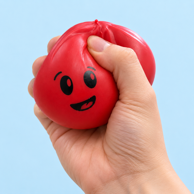 Hand squeezing the red 8.5cm Christmas Dumpling sensory squishy toy