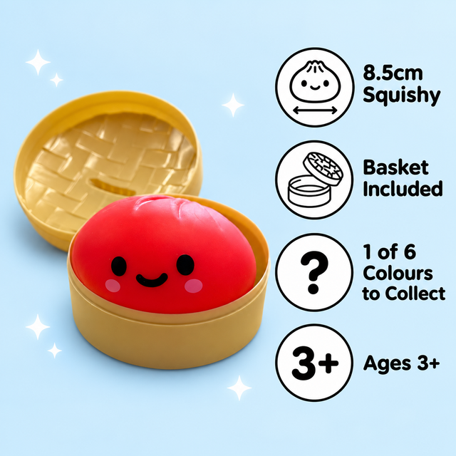 Colourful Dumpling squishy features, basket and age guide