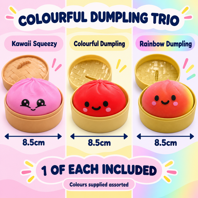 Colourful Dumpling Trio contents showing three 8.5cm squishy toys
