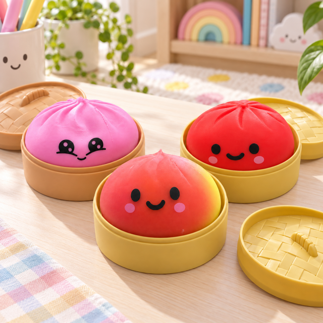 Three colourful dumpling sensory squishy toys displayed in reusable baskets