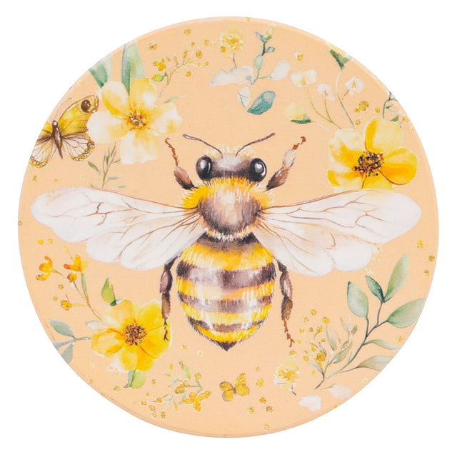 Cottage Grove bee ceramic coaster with yellow floral cottage-core artwork
