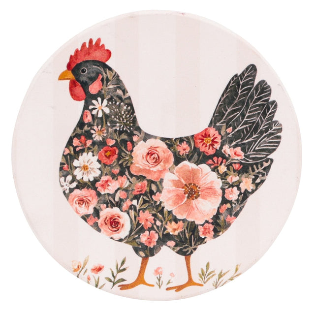 Cottage Grove dark hen ceramic coaster with floral farmhouse hen design