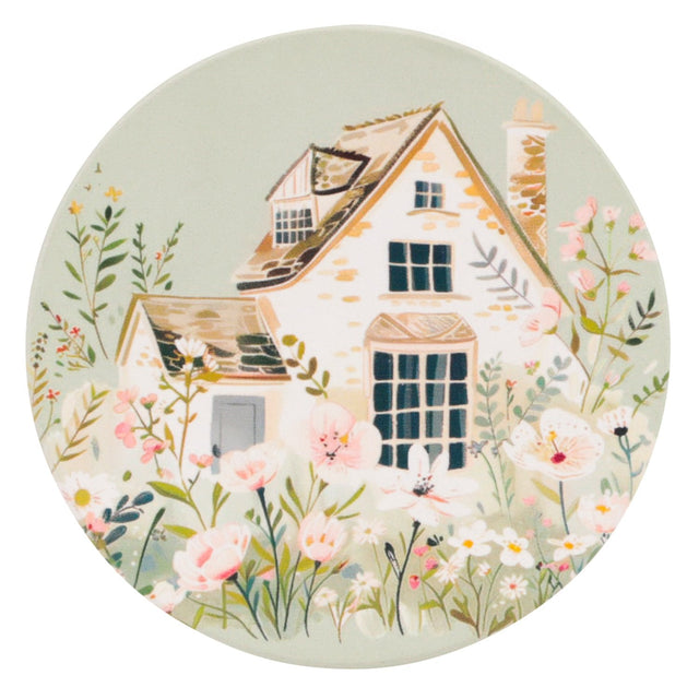 Cottage Grove green cottage ceramic coaster with countryside cottage artwork