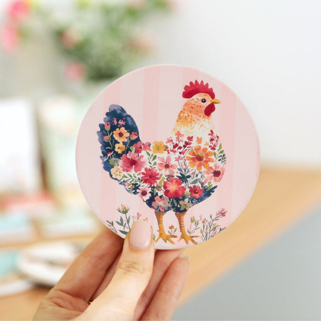 Splosh Cottage Grove Hen ceramic coaster displayed with other ceramic coasters in the collection.
