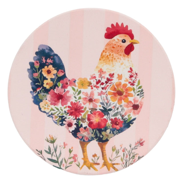 Cottage Grove hen ceramic coaster with colourful floral hen illustration