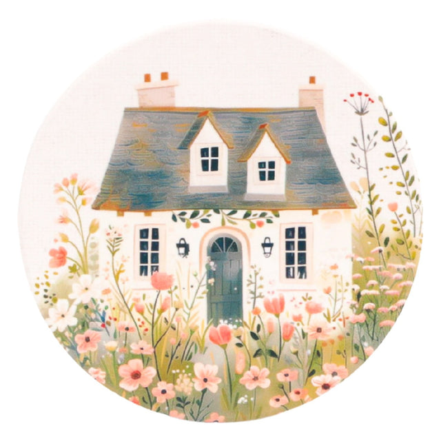 Cottage Grove light cottage ceramic coaster with countryside house illustration