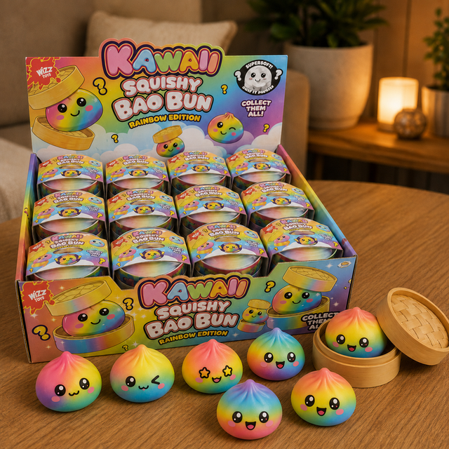 Cute Kawaii Rainbow Bao Bun sensory squishy toy with a soft squeezable texture for fidgeting, tactile play and relaxation