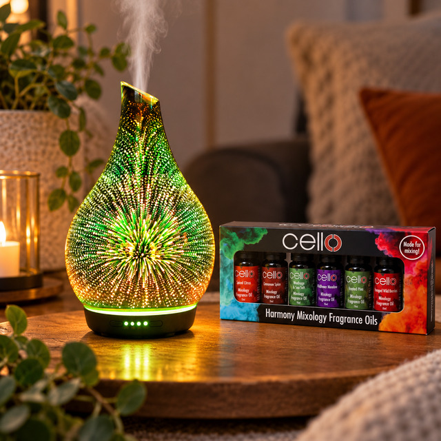 Infinity 3D Glass Ultrasonic Diffuser with Harmony Mixology Oil Set of 7 Pack