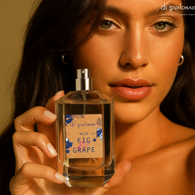 Di Palomo Wild Fig and Grape perfume bottle held with the spray cap removed