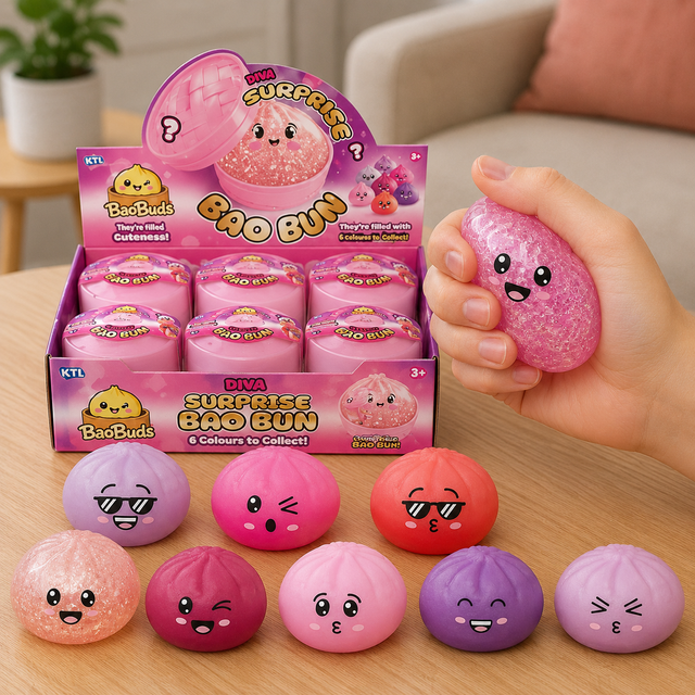 Reusable dumpling storage case with Diva Bao Bun sensory squishy toy in pink and purple assorted colours