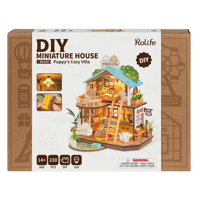 DIY miniature house kit featuring Rolife Puppy's Cozy Villa