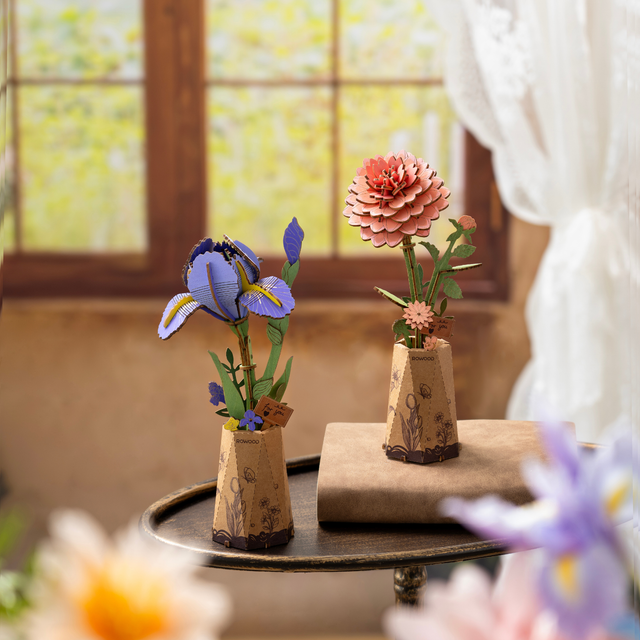 DIY wooden flower model kit Rowood pink dahlia in pot