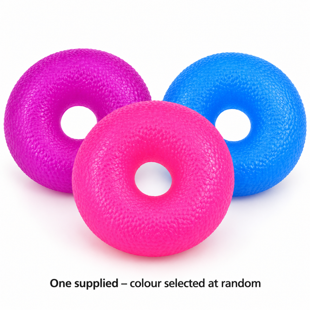 Donut squishy toy colour options in purple blue and pink; one supplied at random