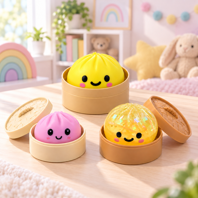 Three Dumpling Best-Sellers squishy toys in baskets: Kawaii Squeezy, Glow Up and Diamond Dumpling