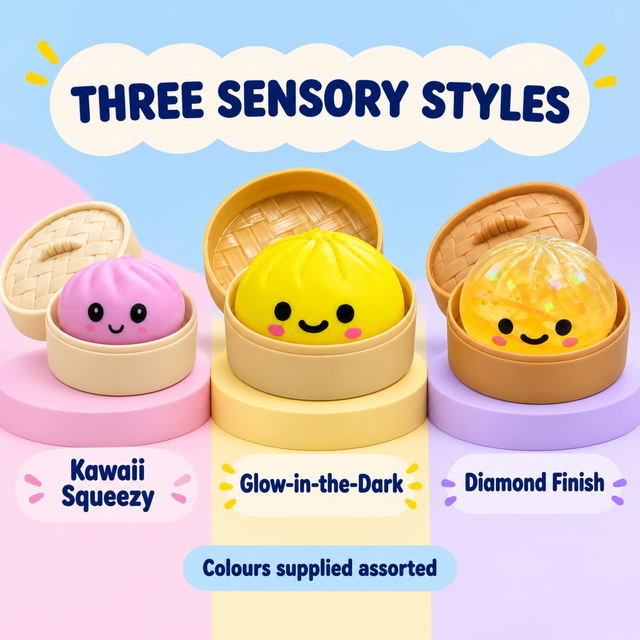 Kawaii, Glow Up and Diamond dumpling squishy toys in three sensory styles