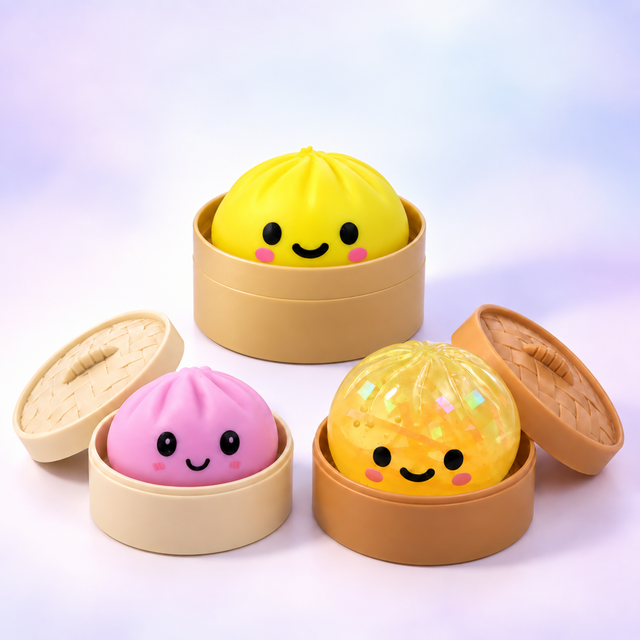 Dumpling Best-Sellers Bundle with three unpackaged squishy toys in reusable baskets