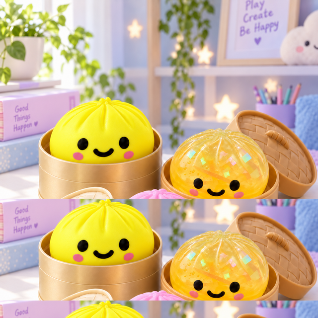 Kawaii, Glow Up and Diamond dumpling squishy toys in a pastel playroom