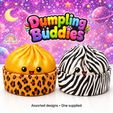 Gold and zebra dumpling squishy toys with Dumpling Buddies and Playbliss branding; one assorted design supplied