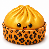 Close-up of a gold dumpling squishy toy in its leopard print basket